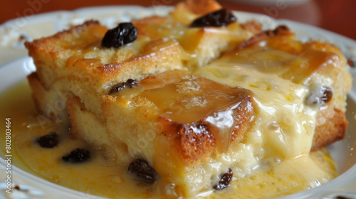 Close-up of delicious jamaican bread pudding topped with raisins and a rich caramel sauce on a plate