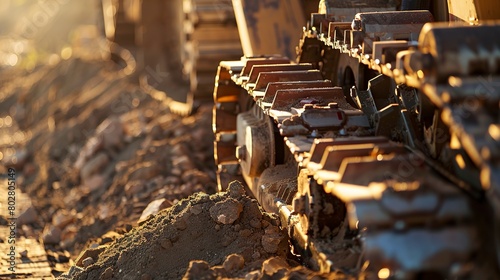 Trencher machine at work, detailed view of the digging chain, afternoon light, close-up, side angle