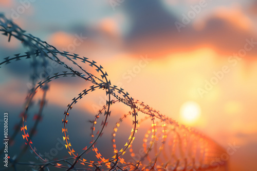 Barbed wire fence with sunset sky background, closeup. selfbritish style of barbwire in military area of lifting knotted or spiral for security and border protection concept. copy space