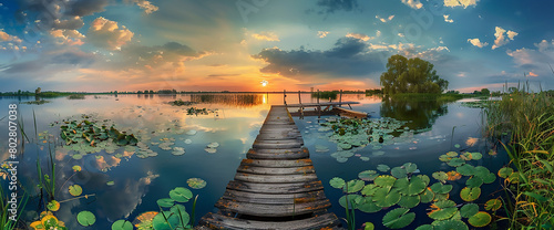 Beautiful summer landscape with a wooden jetty on a lake, sunset sky and lily pads in the foreground, detailed panorama