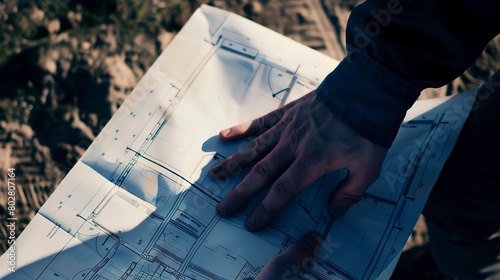 Engineer inspecting a site map, close-up on hands and blueprint, detailed and clear