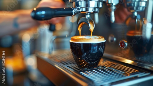 Coffee brewed in a professional coffee maker is poured into a glass.