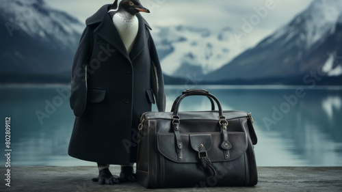 chic penguin in a tailored trench coat, complete with a bowler hat and a briefcase.