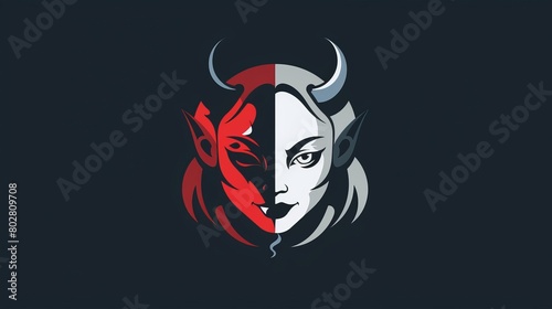 logo, minimalistic logo of two faces with one half red and the other grey. On the left side is a female smiling face, on the right side a demon girl face with horns looking to the viewer. 