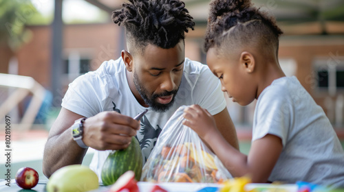 A father packing a nutritious lunch for his child's sports practice, including plenty of protein and carbs to fuel their athletic endeavors. Compassion and care, responsibility, re