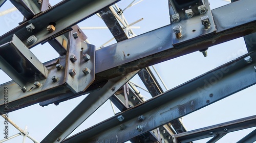 Steel trusses being erected, close-up, sharp focus on bolts and connections