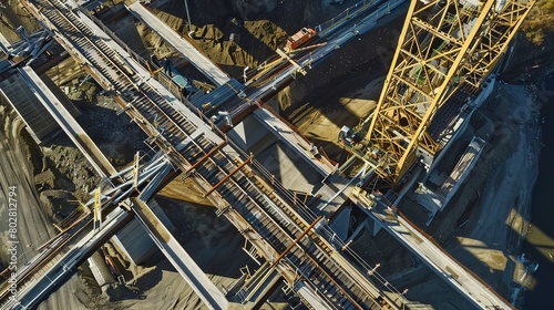 Aerial snapshot of a bridge construction, close-up, detailed segments and support structures 