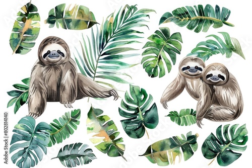 A sloth and a baby sloth sitting among lush tropical leaves. Ideal for nature and wildlife themes