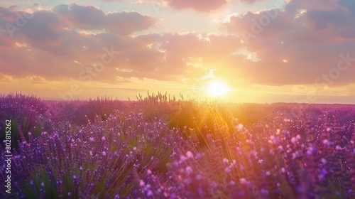 Golden dawn in the lavender meadow: The sun breaks over the horizon, casting a golden light over the fragrant fields of lavender. 