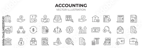 Accounting editable stroke outline icons set. Accountant, financial, business firm tax, statement, calculator, and balance sheet icons. Vector Illustration.