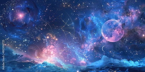 Zodiac mystique: Astrological signs glow in a celestial panorama, hinting at the wonders of the cosmos. 