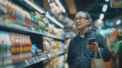 Owner of a local supermarket multitasks, checking inventory while negotiating deals over the phone. 