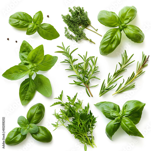 Fresh herbs on white background. Basil, rosemary, oregano, thyme, rosemary, basil leaves