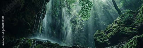 a serene waterfall cascading over lush green moss