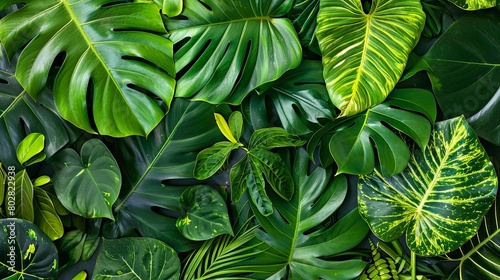 a lush green plant with multiple large leaves, including a prominent green leaf, arranged in a row