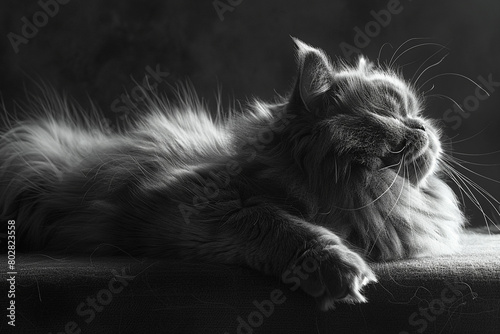 A fluffy Persian cat reclining on a plush cushion, luxuriously groomed fur catching the light.