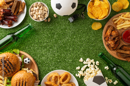 An array of delicious snacks for a football watching party, displayed on a green grass-like surface, featuring beer, burgers, and more