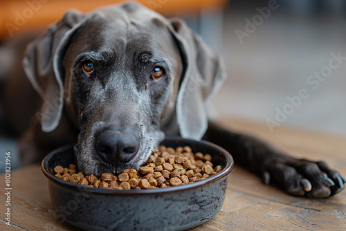 A majestic Great Dane savoring a bowl of premium dog food, its tail wagging in appreciation.