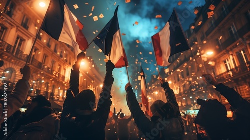 Many peoples cheering and celebrateing their victory with waving France flags in city