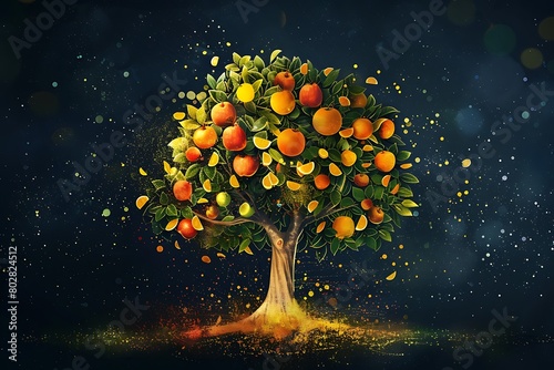 A stylized tree with stylized fruit labeled with key brand attributes, emphasizing the cultivation of a strong brand identity.