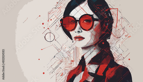 Portrait einer jungen Frau mit roter Brille und entschlossenem Blick. Vertrauen in das eigene Können und die Zukunft. Vektor - Grafik