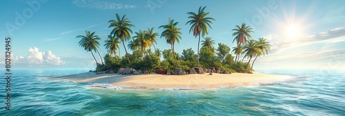 A serene tropical beach setting with palm trees, clear blue waters, and a tranquil ambiance.
