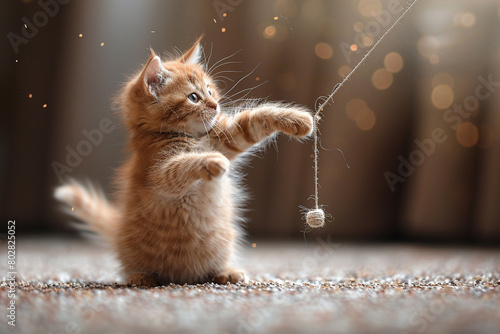 A playful ginger kitten batting at a dangling string, eyes wide with excitement.
