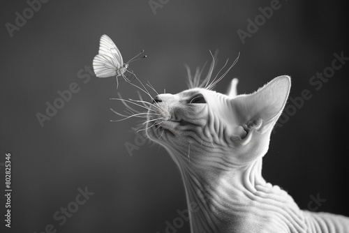 A playful Sphynx cat batting at a fluttering butterfly, its wrinkled skin rippling with every movement.