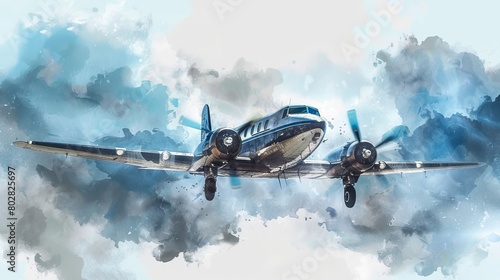 Artistic watercolor featuring a classic propeller aircraft flying high with a backdrop of fluffy clouds on a white background, evoking a sense of adventure
