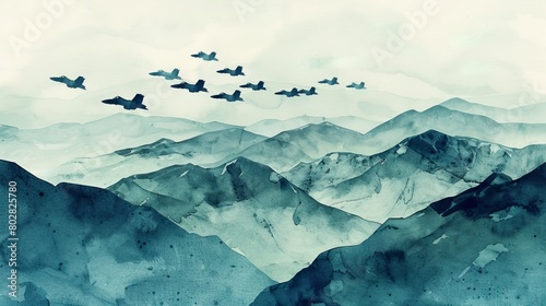 Artistic watercolor of a formation of fighter jets flying over a mountain range, the bold lines and cool hues showcasing the majesty of flight