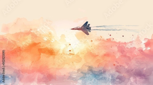 Cute watercolor scene with a rabbit flying a fighter jet, complete with action-packed contrails and a sunset backdrop, ideal for nursery art