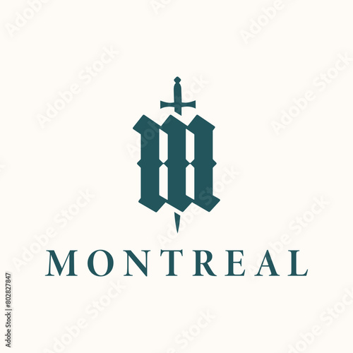 gothic vintage montreal letter m and sword logo
