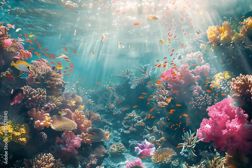 A thriving underwater ecosystem a vibrant coral reef ecosystem flourishes beneath the surface of a crystal-clear tropical ocean, teeming with diverse marine life in a symbiotic dance.