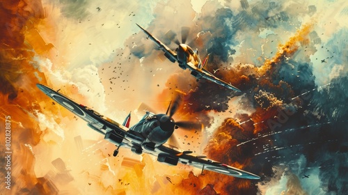 Watercolor depiction of an aerial dogfight featuring a Spitfire and a Messerschmitt, set against a dramatic sky, highlighting the intense battles of WWII