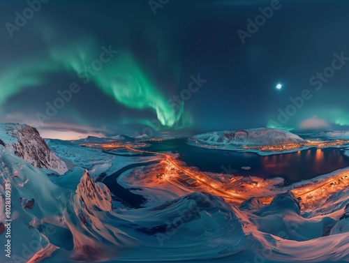 A mesmerizing panoramic view of the northern lights over a snowy arctic landscape with illuminated settlements.