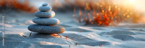 On a tranquil beach, a Zen arrangement of pebbles brings balance and harmony.