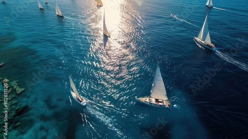 Beautiful sailboats sailing in a team on a sea of blue clarity was captured by an aerial drone