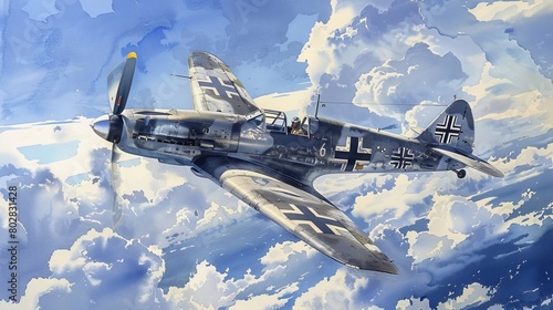 Watercolor scene of a Messerschmitt Bf 109 cruising through a sky dotted with clouds, highlighting the powerful presence of this fighter