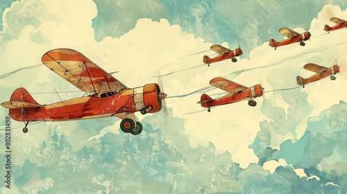 Watercolor scene of multiple vintage planes from the 1920s and 1930s flying in formation against a vast blue sky, celebrating the era's aviation boom