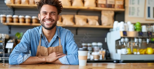 Bearded man enjoying coffee at cafe table with blurred background, space for text