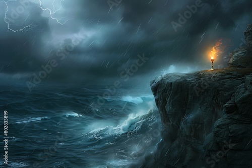 A torch on a cliff overlooking a stormy sea