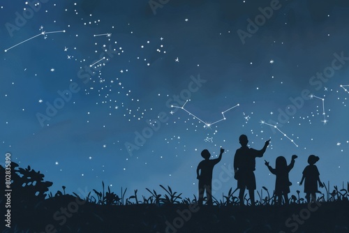 Cartoon cute doodles of a family silhouette stargazing on a clear night, with each member pointing out constellations in the sky, Generative AI