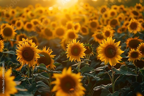A vast sunflower field bathed in golden hour light, with each bloom meticulously turned towards the setting sun, creating a mesmerizing display of synchronized beauty.