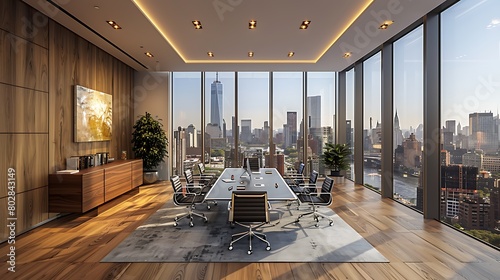 Craft an image of corporate excellence unfolding in an upscale meeting space, characterized by timeless design, impeccable attention to detail, and panoramic city views.