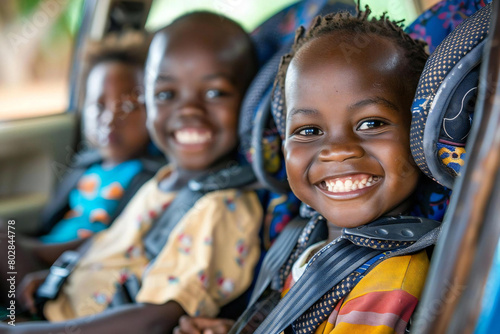 Group of joyful African American kids smiling in car booster seats for safety and protection