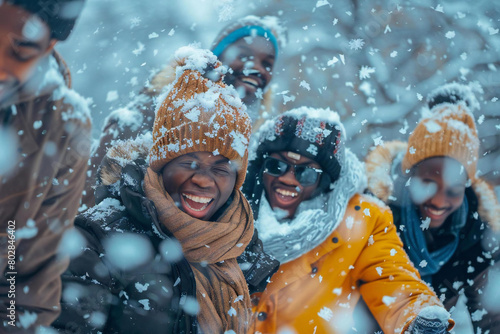 A diverse group of African American, Brazilian, and Kenyan people having a cozy winter holiday in the snowy nature, playing ice activities like sledding, snowball fights, ice skating