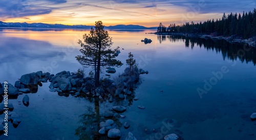 Lone tree on rocks at sunset on a calm Lake Tahoe. In the background os a forest and mountains covered in snow. Zephyr Cove, Nevada, United States of America.