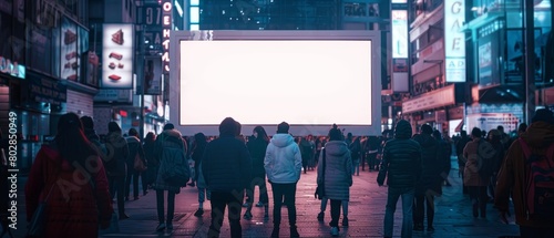 A photorealistic image of a white billboard showcasing a new product launch, with crowds of people gathered around it