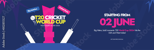 T20 Cricket World Cup 2024. T20 cricket world cup held in America and West indies cover banner with silhouette 2024 trophy, bats, ball . World cup banner with official colour theme. 