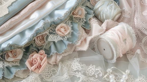 A serene and elegant sewing kit with soft velvety fabrics and intricate lace trims.